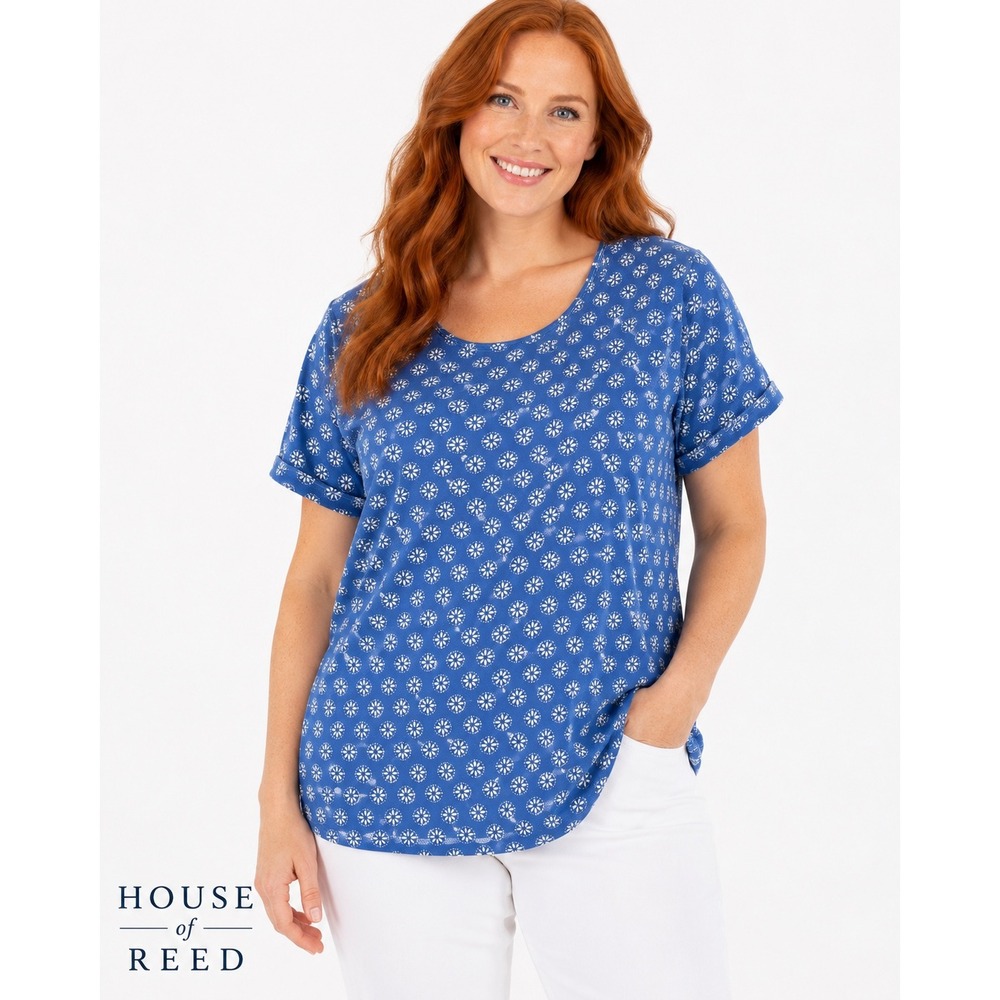 Kim Rogers Womens XXL Blue White Floral Daisy Print Short Sleeve Scoop Neck Top